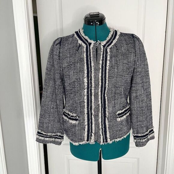 Chicos Black Label Crop Chain Fringe Frayed Pocket Unlined Tweed Blazer Jacket - Picture 1 of 15